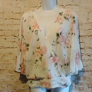 Sheer Floral Wrap Top - Cream and Pink XL